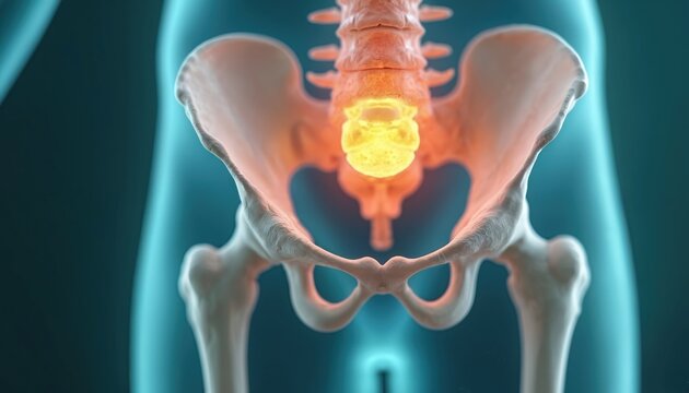 Human pelvic bone anatomy shows sacroiliac joint pain and inflammation. Lower back discomfort area highlighted in yellow and red. Medical illustration of skeletal system.