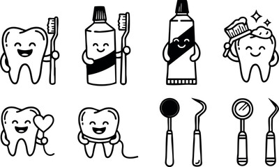 Cute happy tooth characters with toothbrush and dental tools for oral hygiene and dental care vector illustration