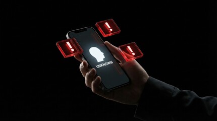 Phone screen alerting unknown scam call. Concept of phone fraud, spam calls, scammer warning system, and cybersecurity protection. Mobile safety technology against phishing and fake calls.