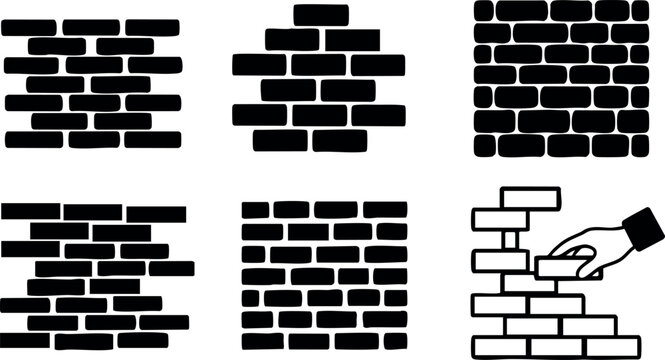 Brick wall patterns vector set with hand placing bricks for construction and building design elements