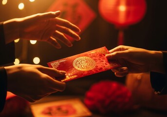 warm cinematic glow, red envelope passing hands