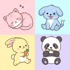 Kawaii animal collection featuring adorable cartoon cat, dog, bunny, and panda with soft pastel backgrounds and cute facial expressions.