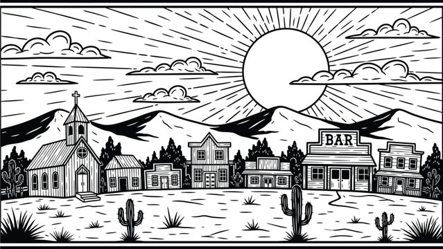 Old West town panorama featuring a church, saloon bar, and wooden buildings under a bright, stylized sunburst sky.