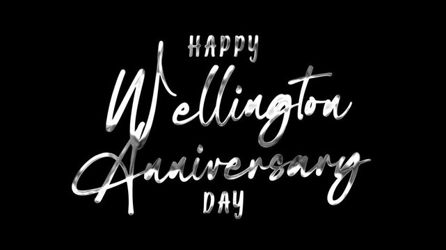 Happy wellington anniversary day text animation in silver, perfect for social media posts, greeting cards, event promotions, and website banners.