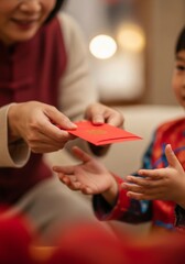 A young woman adult extending red envelope, child reaching forward 