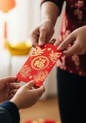 close-up shot of adult hands standing and handing a red envelope to a child, Chinese New Year real photo