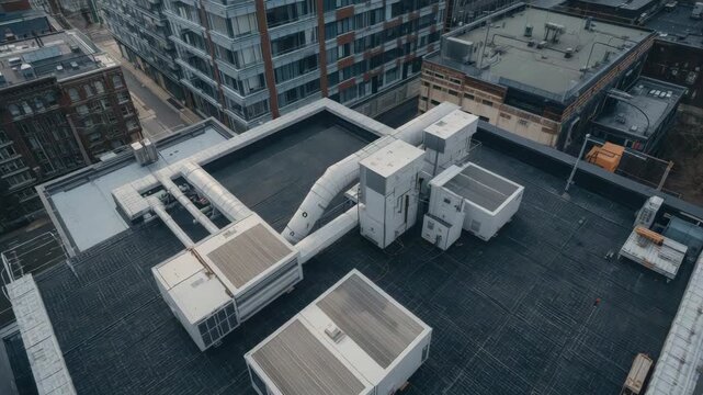 Rooftop mechanical unit and HVAC ductwork urban rooftop with industrial moody lighting and rooftop