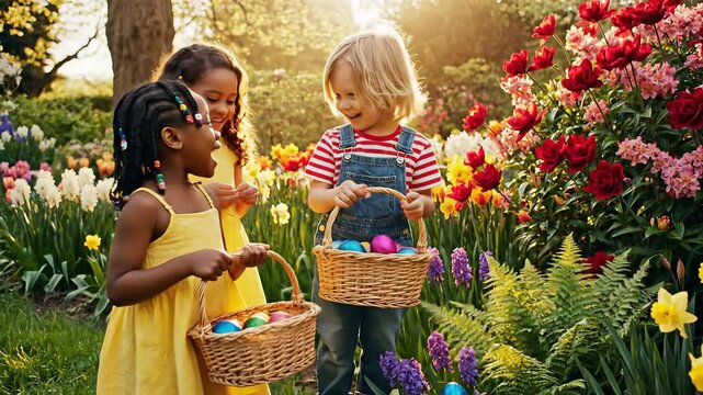 Joyful diverse children embark on an exciting Easter egg hunt adventure in a vibrant spring garden, surrounded by a breathtaking display of colorful blooming flowers under the warm glow of golden hou.