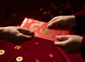 close-up, hands exchange red packet respectful Chinese New Year custom