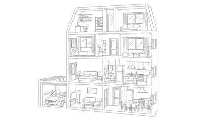 Fototapeta premium Architectural cross-section drawing illustrates the interior layout of a multi-story modern residential house including a garage and furniture arrangement.