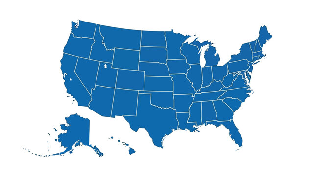 Solid blue silhouette map graphic displaying the contiguous United States alongside separate insets for Alaska and Hawaii states on a white background.
