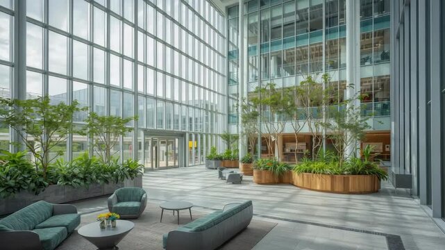 Modern atrium with glass wall, indoor tree, lounge seating and calm natural light modern