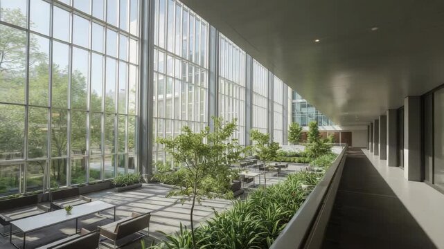 Modern indoor atrium lounge with floor to ceiling glass, seating area and lush plant filled sunlight