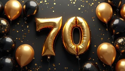 Golden number 70 balloons float with black and gold confetti against a dark background. Festive balloons celebrate a milestone anniversary or birthday event. Luxurious party decor.