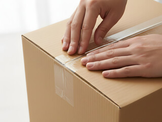 Hands work carefully while sealing a simple shipping box securely