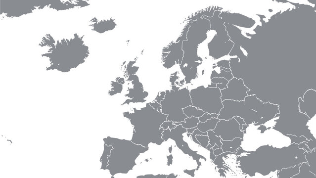 Gray political map of the European continent displaying country borders against a clean white background for geographical reference.