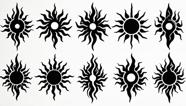 Collection of stylized sun symbols in black tribal art. Different sun shapes include flame like rays and unique circular elements. These solar motifs represent energy and power.