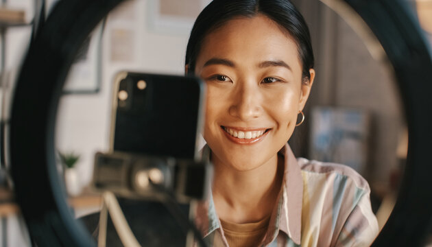 リングライト前で話す女性配信者のワークシーン