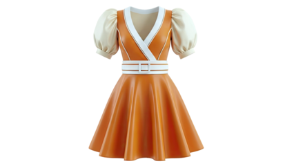 Orange and Cream Puff Sleeve Wrap Dress with Belt