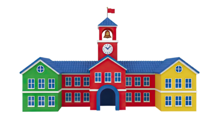 Colorful Toy School Building with Clock Tower and Bell