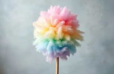 Fluffy rainbow cotton candy stick on soft blue background. Sweet carnival treat, fluffy sugar confection, kids party dessert fun. Colorful airy spun sugar food.