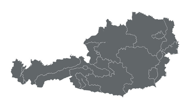 Detailed gray map outline shows the internal administrative regions and borders of the nation of Austria on a clean white background.