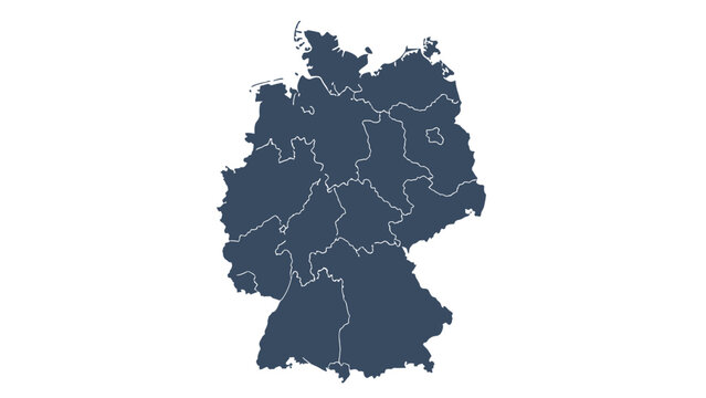A dark blue map illustrates the national boundaries and internal state divisions of Germany isolated on a clean white background for design use.