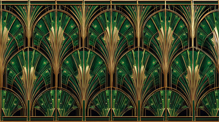 An intricate art deco pattern of repeating design, creating a sense of luxury and elegance. The design features a palette of green and gold with geometric shapes