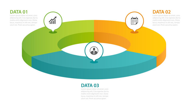 Business presentation template with data modern infographic circular diagram chart 3 colorful sections.