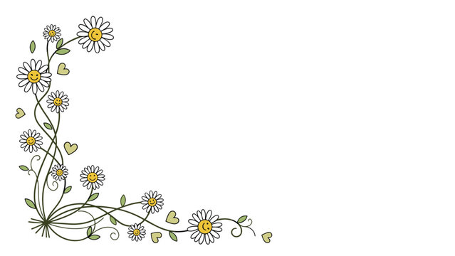 Delicate floral corner frame design featuring several white daisies with smiling faces and small green hearts on thin winding vines.