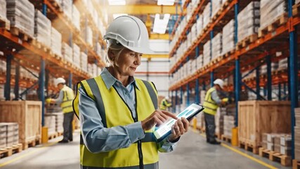 Warehouse Efficiency: A dedicated warehouse worker in a high-visibility vest and hard hat meticulously manages inventory, surrounded by towering racks of organized goods. - Powered by Adobe