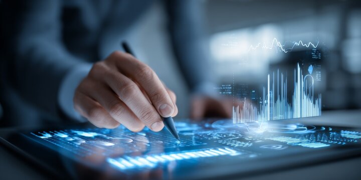 Business professional analyzing financial data on a futuristic touchscreen interface with dynamic graphs and charts in a modern office setting - Powered by Adobe