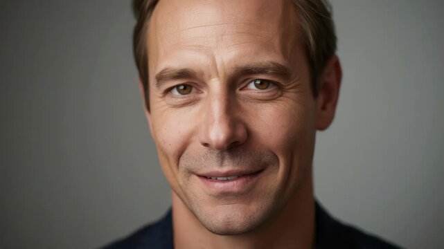 Smiling middle aged man portrait headshot with brown eyes, soft lighting, warm expression