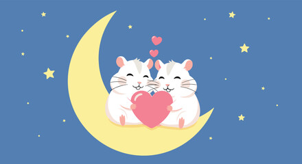 Romantic scene of a cute hamster couple sitting on a crescent moon in a starry night sky, holding a pink heart together.