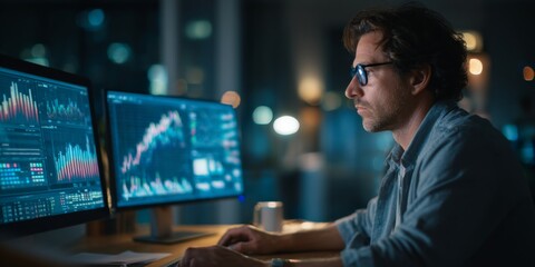 Business professional using digital tools to analyze and visualize financial data trends and statistics in a modern office environment