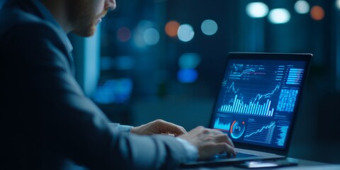 Business professional analyzing data on modern laptop with financial graphs and charts in a futuristic office setting emphasizing growth and technology