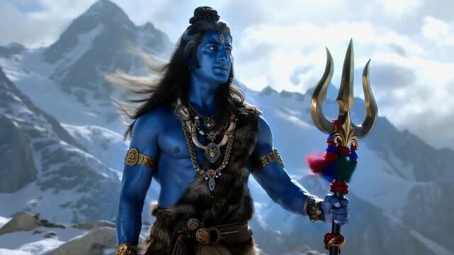 Lord shiva standing in front of snowy mountains with trishul