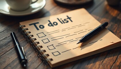 Notebook with To Do List text and empty checkboxes rests on rustic wood table. Pens nearby ready for writing tasks and planning daily activities. Coffee cup in background.