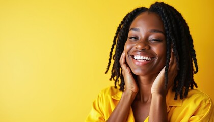 Smiling young black woman with dreadlocks. She wears a yellow shirt and touches her face. Her expression is joyful and radiant. Studio portrait with yellow background.