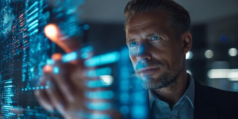 Business professional interacting with futuristic touchscreen technology in a high-tech workspace, emphasizing innovation and digital transformation
