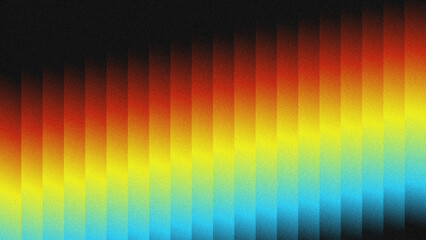 Vertical gradient bands from black to red, yellow, and blue with a grainy texture and abstract stripe overlay.