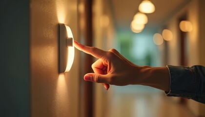 Woman hand presses light switch, turns off lamp in dark corridor. Closeup view indoor, saves energy at home. Finger touches button, modern interior design. Person controls power supply.