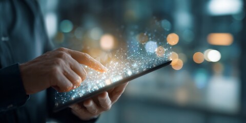 Person Holding Tablet with Data Network Visualization in Modern Office Environment, Symbolizing Digital Connectivity and Innovations in Technology
