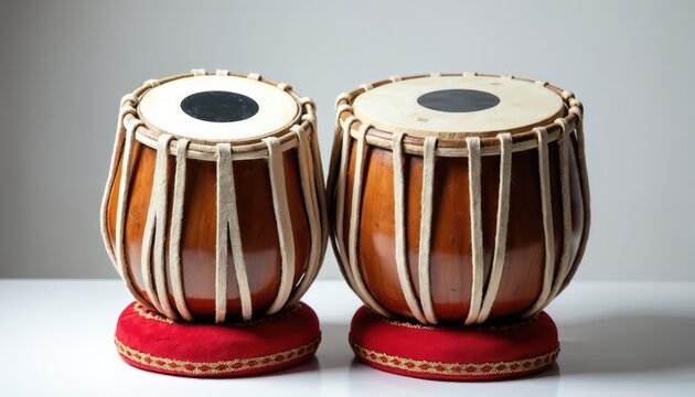 Pair of wooden tabla drums rests on red cushions. Indian percussion instruments leather heads, traditional rope tensioning. Produce rhythmic sounds for classical folk music. Detailed studio shot.