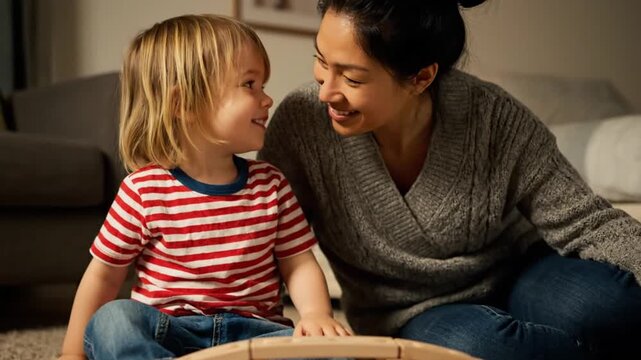 Mother and Daughter Laughing Together at Home
