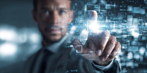 Businessman Engaging with Futuristic Technology Interface, Digital Interaction, Innovative Concept of Human-Machine Collaboration in Modern Environment