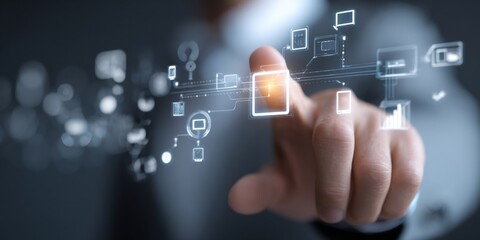 Professional touching digital interface with IT technology icons and data concepts for modern communication and business solutions in corporate environment
