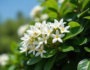 Cluster of white star shaped blossoms with yellow centers on a lush green plant. The flowers are in full bloom on a bright sunny day with soft focus background.