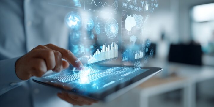 Business professional analyzes digital graphs and charts on a touchscreen interface in a modern office environment, showcasing data and analytics for success - Powered by Adobe