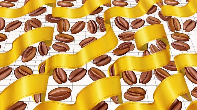 Coffee bean and gold ribbon repeating pattern for backgrounds and templates
